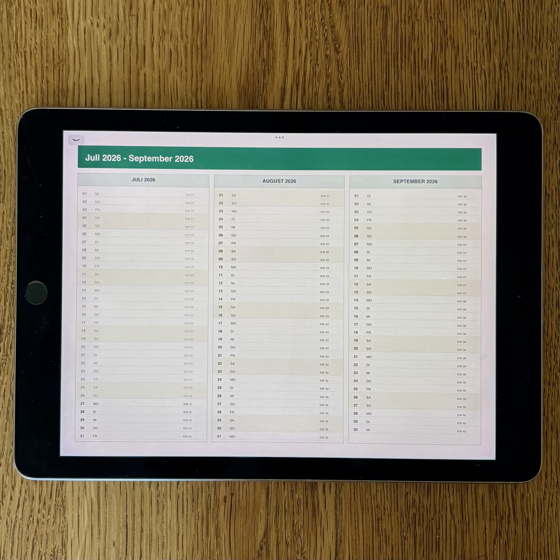 Jahreskalender der digitalen dream. plan. teach. Agenda im Querformat