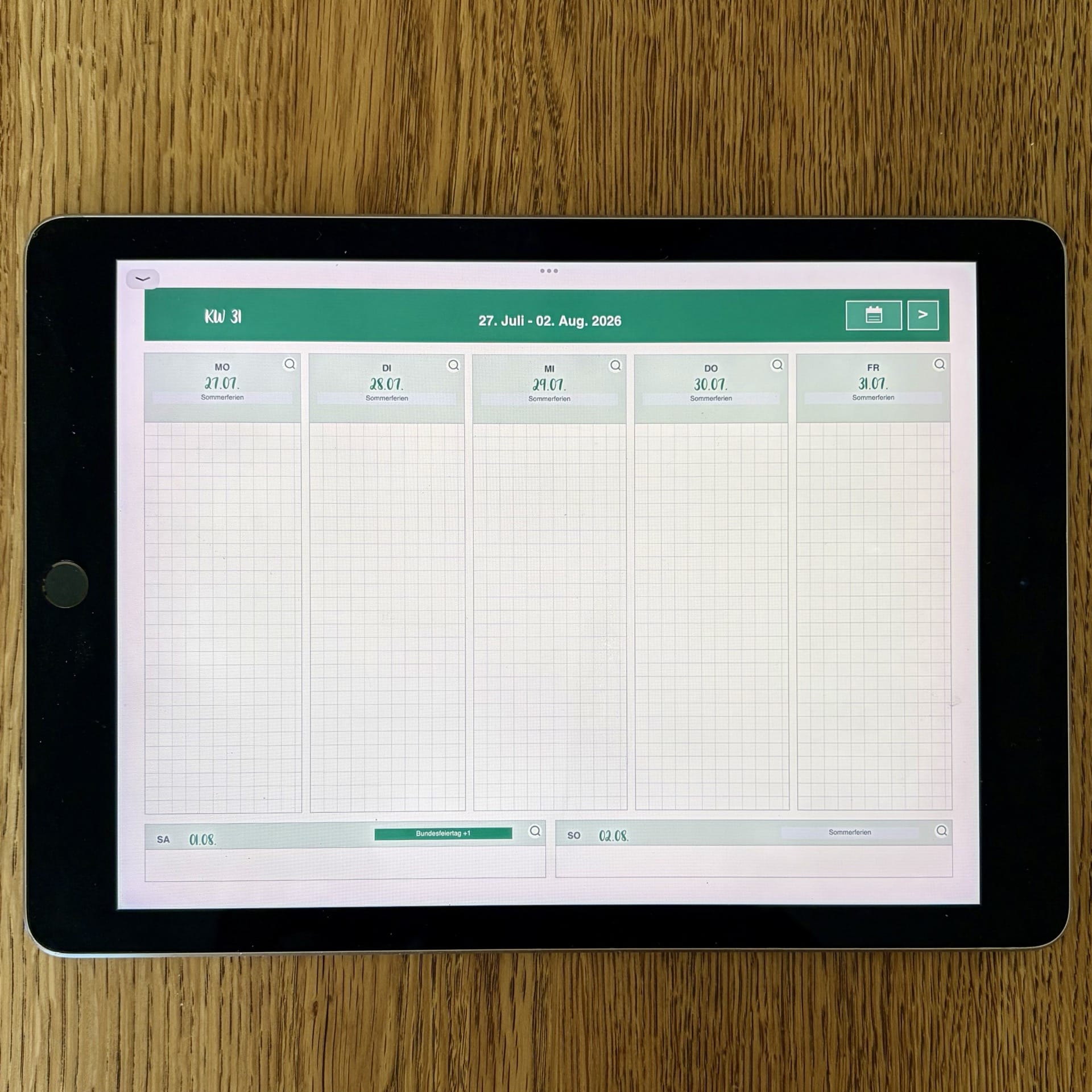 Wochenkalender der digitalen dream. plan. teach. Agenda im Querformat